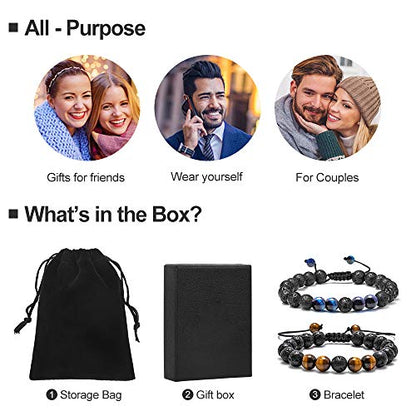 M MOOHAM Fathers Day Gift Mens Bracelet - Beaded Natural Stone 8mm Tiger Eye Matte Agate Lava Rock Bracelets for Men Teen Boys Grandpa Dad Birthday Gifts Jewelry - style: "Lava Rock&Yellow Blue Tiger Eye Bracelets