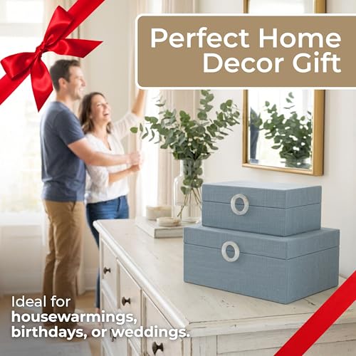 Sagebrook Home Set of 2 Decorative Storage Boxes with Lids - Fabric Covered MDF & Wood, Acrylic Handles - Home & Office Organizer - 9" & 7" Blue