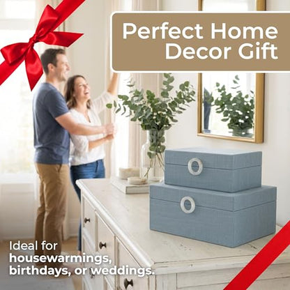 Sagebrook Home Set of 2 Decorative Storage Boxes with Lids - Fabric Covered MDF & Wood, Acrylic Handles - Home & Office Organizer - 9" & 7" Blue