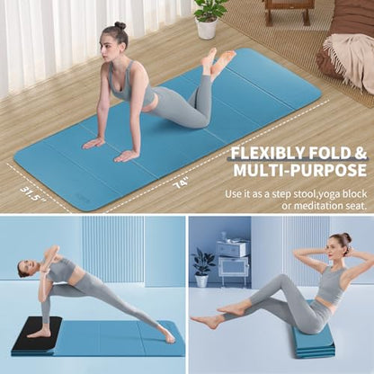 Foldable Extra Large Yoga Mat 74"×31.5", 8mm Double-Sided Non Slip Lightweight Fitness Mat for Man & Woman, Portable for Home Studio & Travel - color: Blue+Black
