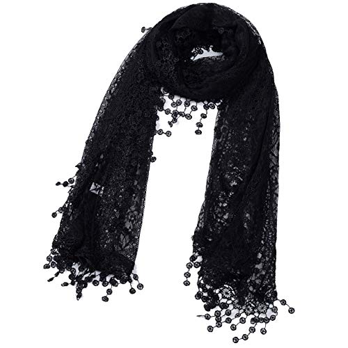 Cindy and Wendy Lightweight Soft Leaf Lace Fringes Scarf Bridal Veils shawl for Women - color: Black-2