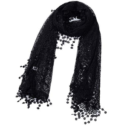 Cindy and Wendy Lightweight Soft Leaf Lace Fringes Scarf Bridal Veils shawl for Women - color: Black-2