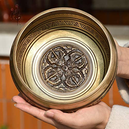 Tibetan Singing Bowl Set,Carved with Crossed Vajra and Mentra of Om Mane Padme Hum,For Sound Healing,Meditation,Yoga,Relaxation,Chakra Balance,Handmade in Nepal(6.5inches) - color: Cross Vajra, size: 16.5cm