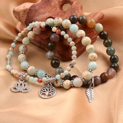 Tree of Life Yoga Healing Stone Bracelets,Multilayer Lotus Chakra Stone Reiki Bracelet Sets,Anxiety Crystal Natural Stone,for Women Stress Relief - style: Shoushan stone + Indian agate