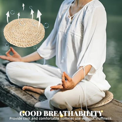 Levemolo Round Straw Weave Cushion 11.61 Inch Hand-Woven Yoga Seat Cushion for Meditation Floor Sitting Tatami Windowsill with Breathable Space Cotton Filling