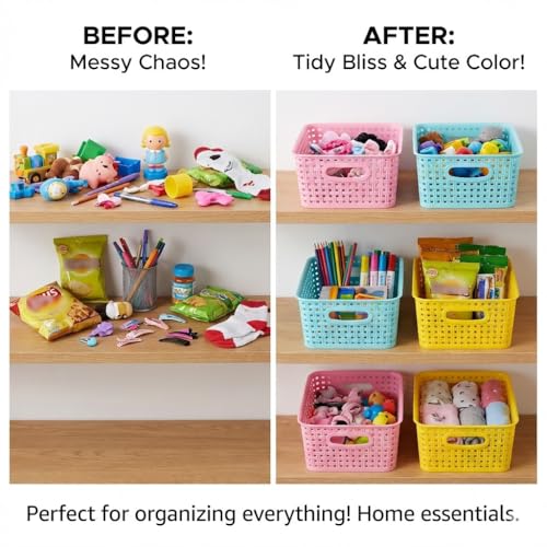 Colorful Small Plastic Storage Woven Baskets, 6 Pack Versatile Shelf Organizer Weave Baskets for Classrooms, Children's Rooms & Pantries, Pink/Yellow/Blue-10x7.5x4 inch