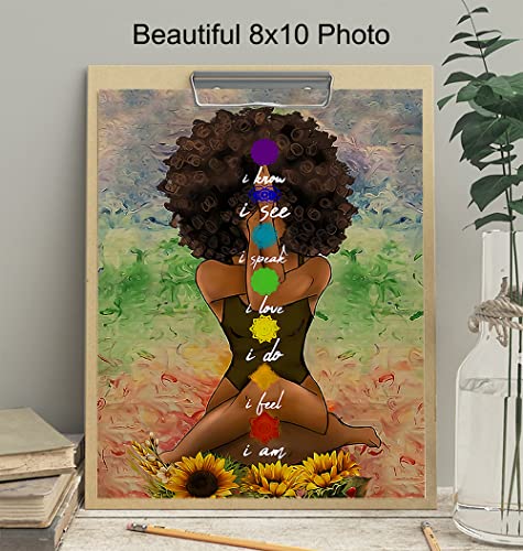 Black Art for African American Women - Boho Positive Affirmations Zen Meditation Decor - Inspirational Afro Yoga Wall Art - New Age Hippie Chakra Room Decor - Personal Growth Uplifting Spiritual Gifts - size: 8"L x 10"W