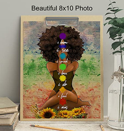 Black Art for African American Women - Boho Positive Affirmations Zen Meditation Decor - Inspirational Afro Yoga Wall Art - New Age Hippie Chakra Room Decor - Personal Growth Uplifting Spiritual Gifts - size: 8"L x 10"W