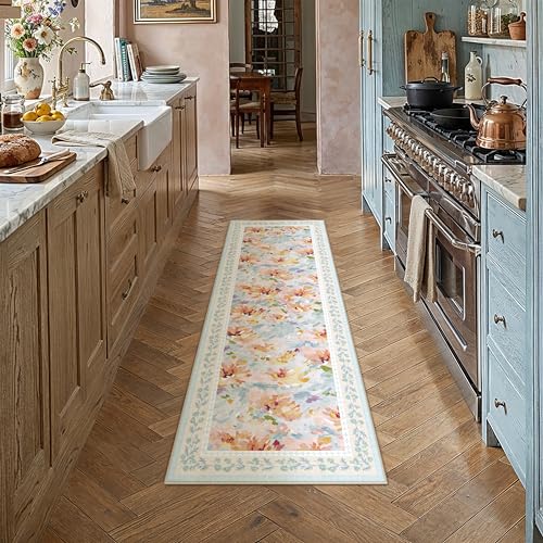 2x6 Washable Runner Rug Blue Floral Abstract Hallway Kitchen Throw Rug Modern Non Slip Soft Low Pile Carpet for Bathroom Laundry Bedroom Living Room - color: Floral | Blue Multi, size: 2' x 6' (Runner)
