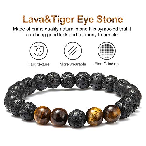 M MOOHAM Fathers Day Gift Mens Bracelet - Beaded Natural Stone 8mm Tiger Eye Matte Agate Lava Rock Bracelets for Men Teen Boys Grandpa Dad Birthday Gifts Jewelry - style: Lava Rock&Yellow Tiger Eye Bracelets