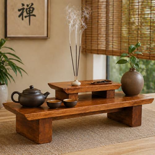 Meditation Altar Table – 21 x 7.5 x 6 Inch Handmade Tiered Puja Shrine - Small Alter Tables for Relaxation, Prayer - Buddha Meditation Alter Made of Strong and Durable Mango Wood