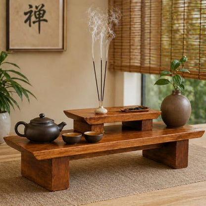 Meditation Altar Table – 21 x 7.5 x 6 Inch Handmade Tiered Puja Shrine - Small Alter Tables for Relaxation, Prayer - Buddha Meditation Alter Made of Strong and Durable Mango Wood