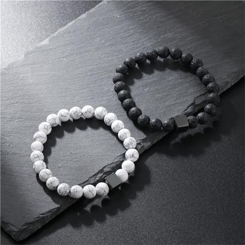 2Pcs Matte Lava Rock Volcanic Stone Beads Stretch Bracelet Stacking Frosted Gemstone Turquoise Seed Bracelet for Men Women Couple Stress Relief Aromatherapy Jewelry Gift - color: P bead