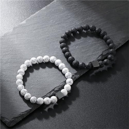 2Pcs Matte Lava Rock Volcanic Stone Beads Stretch Bracelet Stacking Frosted Gemstone Turquoise Seed Bracelet for Men Women Couple Stress Relief Aromatherapy Jewelry Gift - color: P bead
