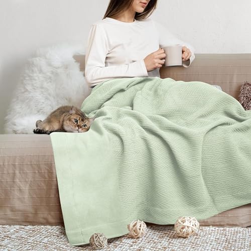 THREAD SPREAD Knitted Geometric Herringbone Pattern Handwoven Blanket 100% Extra Long Staple Cotton - Soft & Cozy Thermal All Season Throw for Bed Couch Chair Outdoors (Twin/Twin XL, Sage) - color: Herringbone - Sage Green, size: Twin / Twin XL