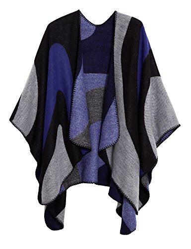 Urban CoCo Women's Color Block Shawl Wrap Open Front Poncho Cape - color: Series 19-royal Blue
