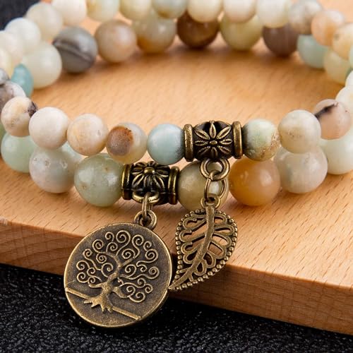 Bivei Natural Semi Precious Gemstone beads bracelet for women - Life Tree and Leaf Charm Energy Reiki Crystal Stretch Bracelets - color: Amazonite Bracelet Set, size: Small:6.61-6.7inch