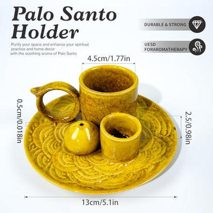 MOUGIGI 5.1-Inch 5-in-1 Yellow Ceramic Incense Holder - Fits Palo Santo, Sage, Incense Sticks/Cones, Small Candle, Smudge Burning Tray.Zen Altar for Meditation/Yoga, Aromatic Scents, Matches Friendly - color: Multifunctional Palo Plate-yellow