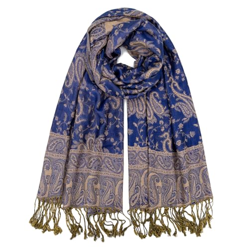 Ciormis Two Tone Silky Paisley Pashmina Shawl Scarf,Soft Women's Rave Jacquard Pashminas Wrap Scarves - color: Style1 -Royal Blue Paisley