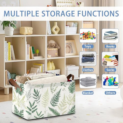 Fern Herbs Storage Baskets,Botanical Leaf Foldable Organizer Bin with Handles for Home Living Room Bedroom Closet Box 17x11.5x10Inch - color: Fern Herbs Botanical Leaf