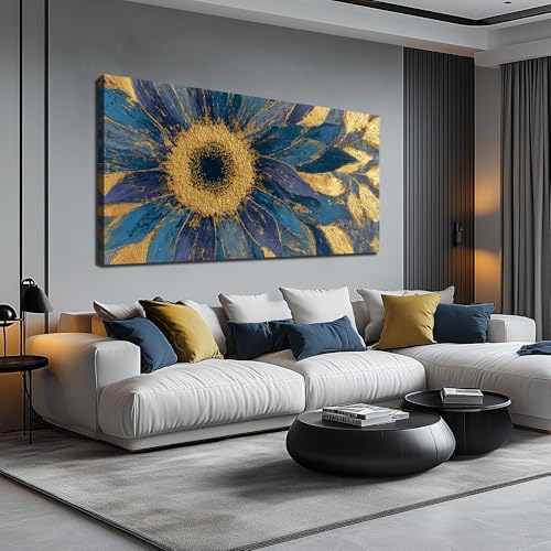 JuhaiArt Blue Wall Art Bedroom Large Gold Flower Canvas Wall Decor Floral Picture Art for Living Room Office 29" x 59" Sunflower Abstract Artwork - color: Gold Blue, size: 59"L x 29"W