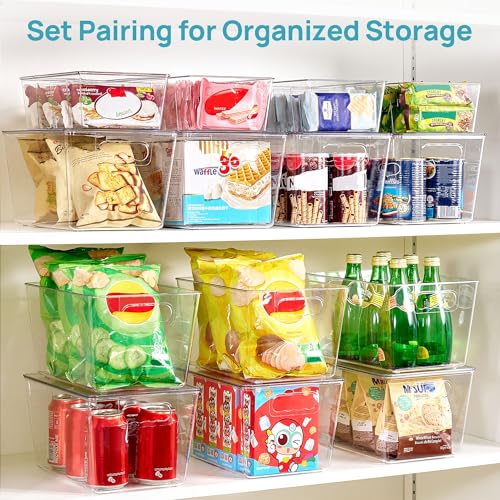 Vtopmart 4+4 Pack Clear Plastic Storage Bins Set - 4 Large Pantry Organizer Bins with Lid and Handle + 4 Medium 4-Compartment Food Storage Bins for Pantry, Kitchen, Fridge, Cabinet Organization - style: 4 Larger with Lid+4 Medium