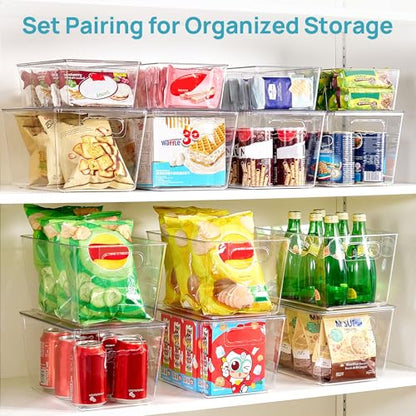Vtopmart 4+4 Pack Clear Plastic Storage Bins Set - 4 Large Pantry Organizer Bins with Lid and Handle + 4 Medium 4-Compartment Food Storage Bins for Pantry, Kitchen, Fridge, Cabinet Organization - style: 4 Larger with Lid+4 Medium