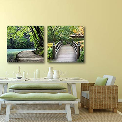 wall26 Two Piece Canvas - Bridge by a Lake Surrounded by Trees on a Japanese Garden on 2 Panels - Canvas Art Home Art - 12x12 inches - color: Bridge By a Lake, size: 12" x 12" x 2 panels
