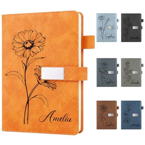 Personalized Leather Journal for Women Custom Notebooks Diary with Engraved Birth Flower Name Personalized Gift for College Travel Office Gift for Bridesmaid Students Teacher Mom Friend Journaling Notebooks for Writing (Birth Flower) - color: Birth Flower