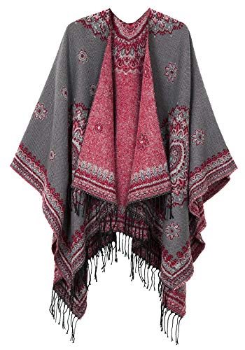 Urban CoCo Women's Retro Style Vintage Pattern Tassel Poncho Shawl Cape Wraps For Women - color: Series 3-gray