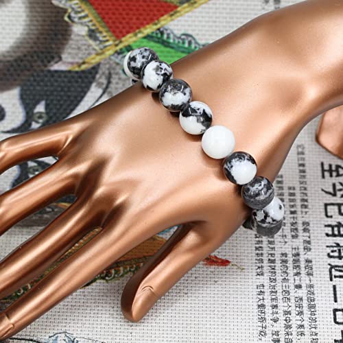 Keleny Semi Precious Stones Natural Gemstones 12mm Round Beads Crystal Stretch Bracelets 7 Inch Unisex - color: Black White Zebra Jasper