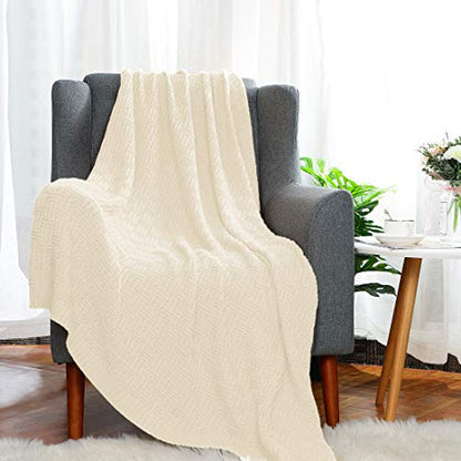 uxcell 100% Cotton Cable Knit Throw Blanket,Soft Lightweight Lap Blanket,Textured Solid Sofa Throw Couch Cover Decors Knitted Blankets, Beige 50"x 60" - color: Beige