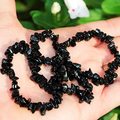 Zenergy Gems Charged Premium Natural Crystal Chip Bead Bracelet + Moroccan Selenite Charging Crystal [Included] - color: Black Tourmaline (Himalayan)