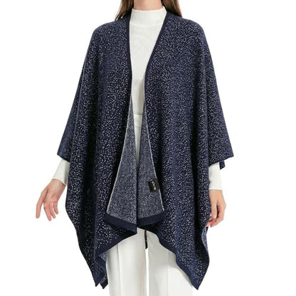 ZLYC Women's Shawl Golden Trim Knit Blanket Wrap Fringe Poncho Coat Cardigan - color: Solid Navy