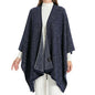 ZLYC Women's Shawl Golden Trim Knit Blanket Wrap Fringe Poncho Coat Cardigan - color: Solid Navy