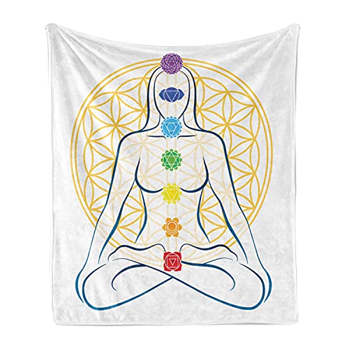 Lunarable Geometry Throw Blanket, Meditating on Lotus Pose with Points on Body Yoga Peace Theme, Flannel Fleece Accent Piece Soft Couch Cover for Adults, 50" x 70", Multicolor - size: 50" x 70" for Adults