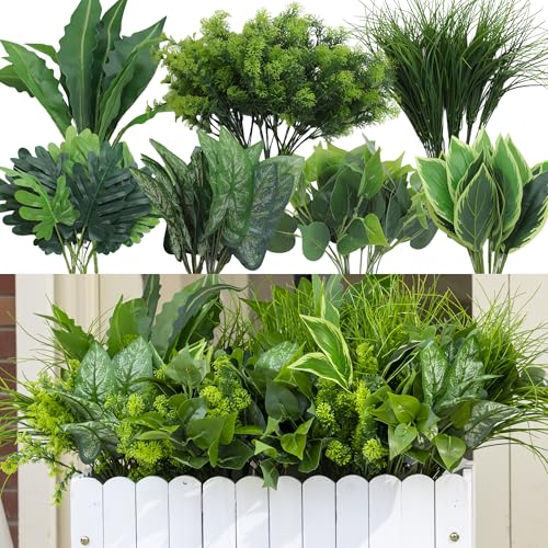 Green Moon 18 Bundles Artificial Plants Outdoor, Faux Bushes Plastic Fake Greenery Stems Shrubs UV Resistant for Indoor Outside Hanging Plants Front Porch Home Garden Window Box Spring Summer Decor - color: Tropical