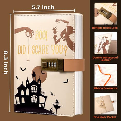 CAGIE Journal with Lock for Women Men, A5 Locked Journal with Pumpkin Pen Set, Halloween Notebook with Combination Lock 192 Pages Diary with Lock, 5.7x 8.3 Inches, White