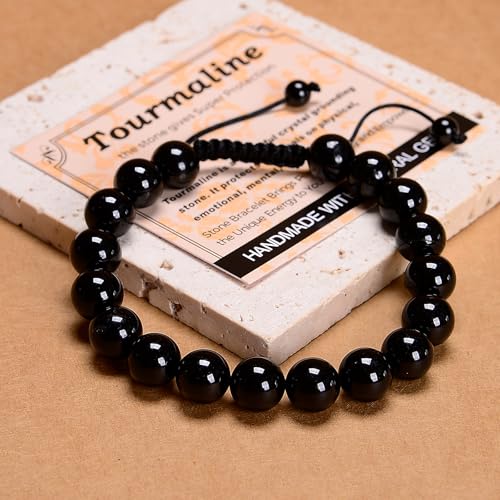 MASSIVE BEADS Handmade Yoga Natural Stone Crystal Healing Power Energy Gifts for Unisex Adult Bracelet Macrame Adjustable - color: Black Tourmaline(Super Protection), size: 10mm
