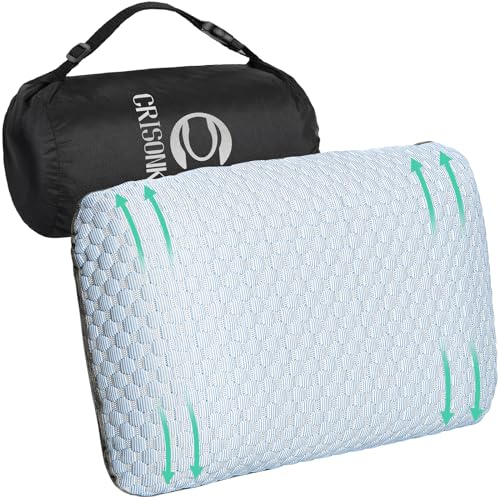 Crisonky Travel and Camping Pillow- Compressible Medium Firm Memory Foam Pillow with Carry Bag for Backpacking & Airplane, Lumbar Support. Breathable Cooling Fabric, Washable Pillowcase (Wathet Blue) - color: Wathet Blue
