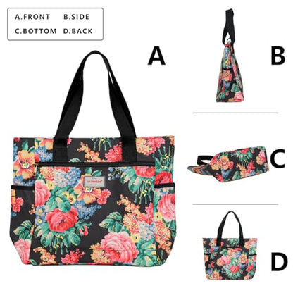 GAENMESN Women's Lightweight Waterproof Tote Bag Durable Designer Handbag with Zipper Travel Commute Everyday Use - color: Black Flower