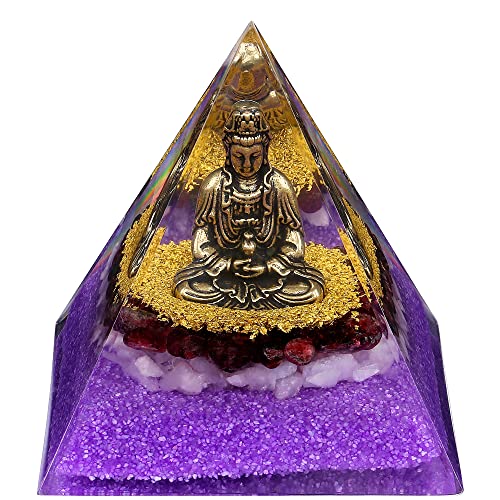 FENGSHUI-CAISHEN Guan Yin Statue in Healing Crystal Organite Pyramid - Quan Yin, Kwan Yin, Quan Am, Kuan Yin, Guanyin Statue for Meditation Altar, Kwan Yin, Female Buddha, Goddess of Mercy - color: Purple
