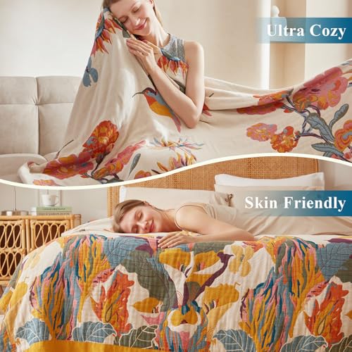 Boho Throw Blanket - 100% Cotton Soft Throw Blanket for Bed, 90"x90" Reversible Breathable Lightweight Summer Blankets, All Seasons Farmhouse Decor Floral Plant Butterfly Throw Quilt