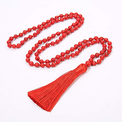 6MM Mala Beads Necklace Natural Amazonite Stone Meditation Statement Necklace Japa Yoga Rosary Prayer Charm Beaded Tassel Necklace - style: Natural Red Turquoise