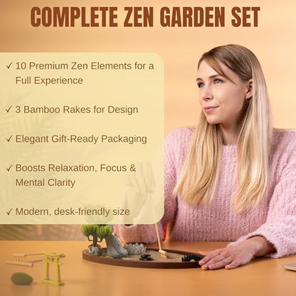 Zen Garden for Desk 13x8in – Japanese Decor with Buddha, Artificial Bonsai Tree, Tools & Accessories – Mini Zen Garden Kit for Office Desk, Home, Meditation Room, Desktop Gift Set