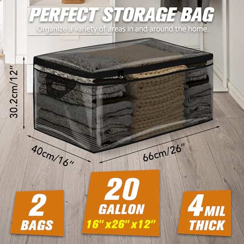 HIBAG 20 Gallon Large Storage Bag for Clothes, Zipper Clothing Storage Bag Organizer with Handles, for Comforters Blankets Pillows Bedding (Black, 2 Pack) - size: 20 gal Black - 2 pack