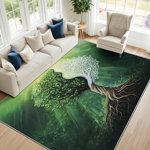 Tree of Life Large Area Rug - 7x10 Rug - Yin Yang Trees Zen Meditation Rugs for Living Room Non Slip Low Pile Machine Washable Area Rugs, Tree of Life Carpets Home Decor - color: Green White, size: 7' x 10' (Rectangular)