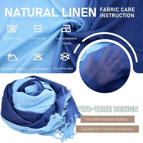Two-tone Linen Scarf for Women Lightweight Summer Wrap Cotton Shawl Beach Travel Pashmina Gauze 75"×35" - color: Light Blue/Royal Blue