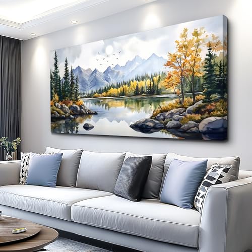 WLWBINTING Large Landscape Wall Art Coastal Wall Art Ocean Picture Mountain Wall Decor Lake Beside Countryside Canvas Print Art For Living Room Bedroom Office Forest Scenery Painting Home Decoration - color: Watercolor Landscape Painting, size: 58"L x 29"