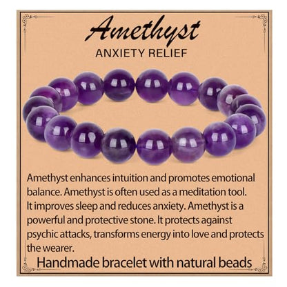 LPBeads Handmade Natural Gemstone Stretch Elastic Bracelet Healing Crystal Round Stone Beads Jewelry Gifts for Women Men - color: Amethyst, size: 10mm